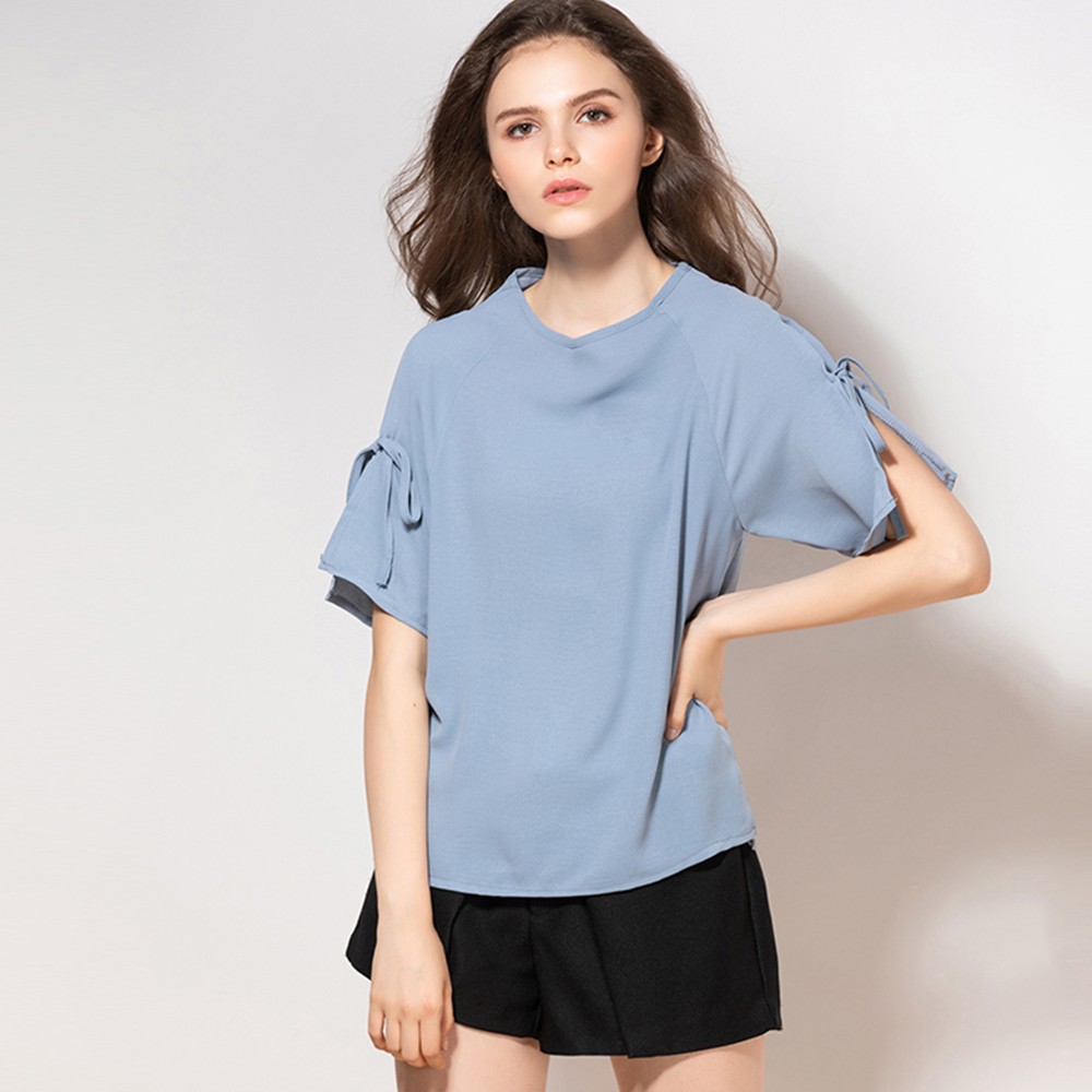 Women's  blouse Comfortable round neck short sleeve blue Women's top