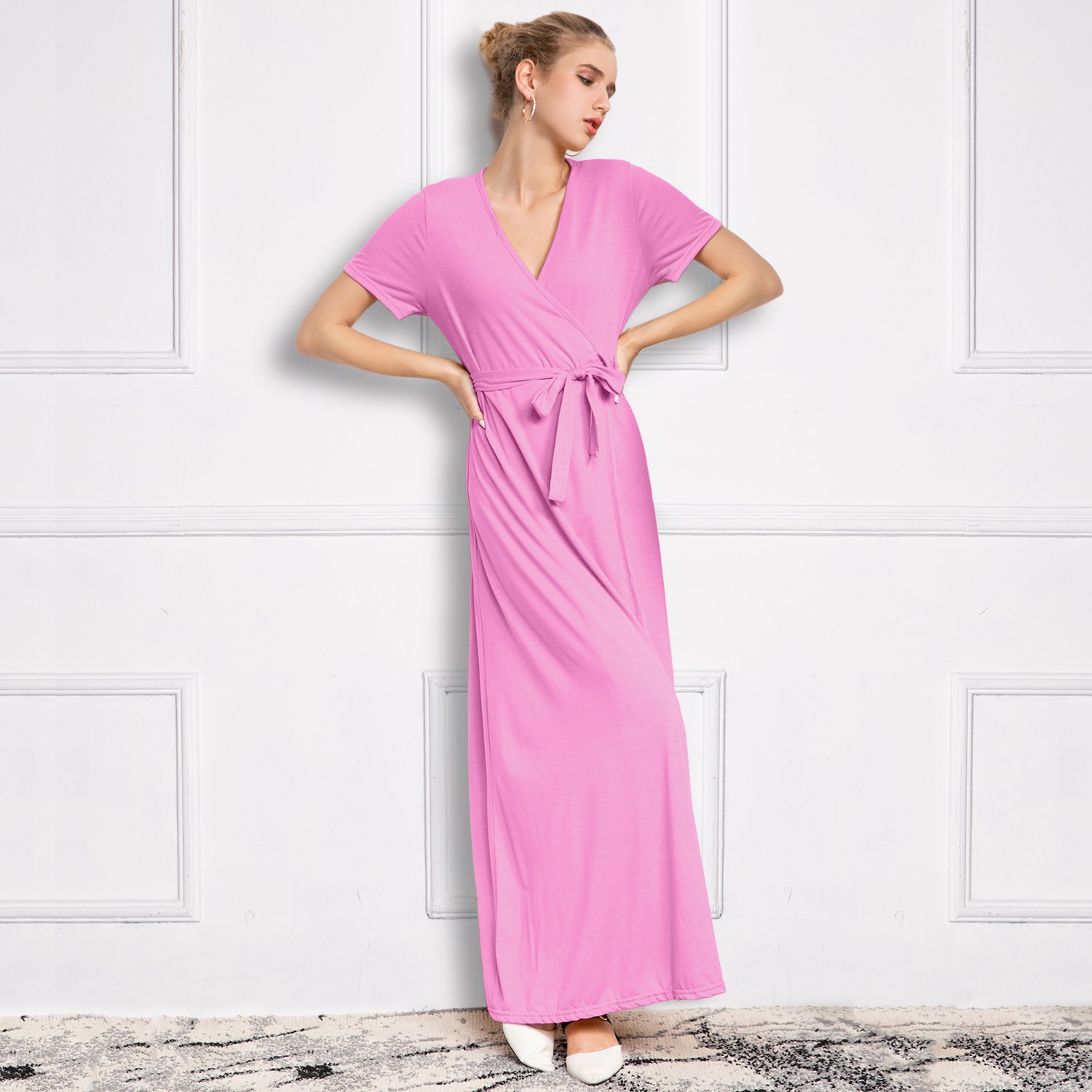 Pink colored Women's V-neck Dress