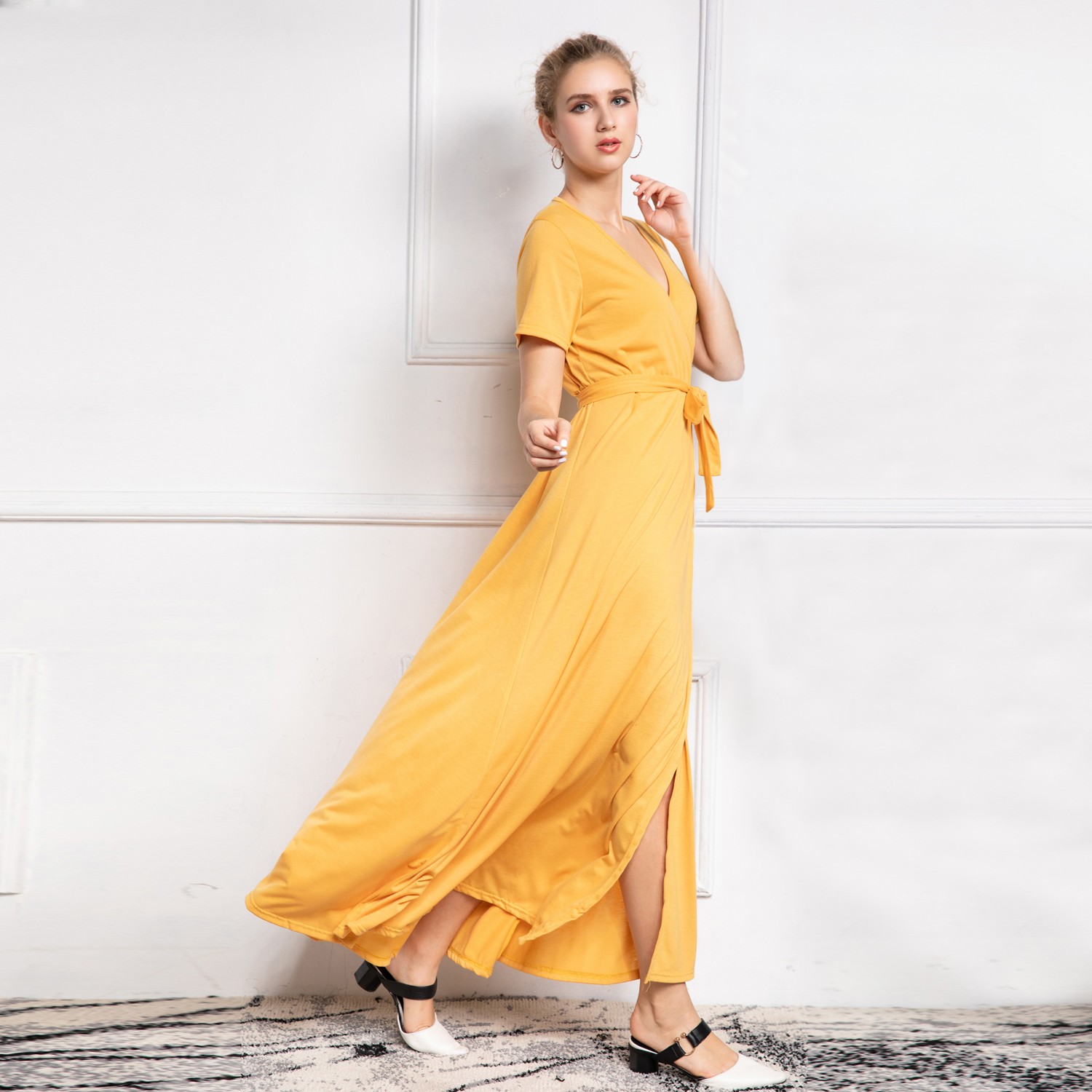 Yellow Maxi Dress Women's V-neck Dress