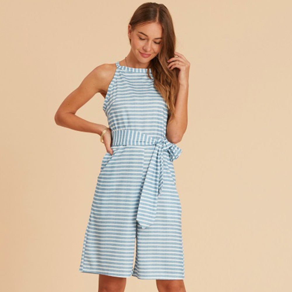 Women's Striped Jumpsuit Blue & White with matching wrap around belt