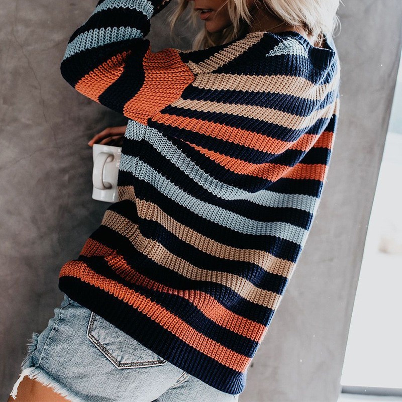 Women's pullover sweater multi color stripped sweater for ladies