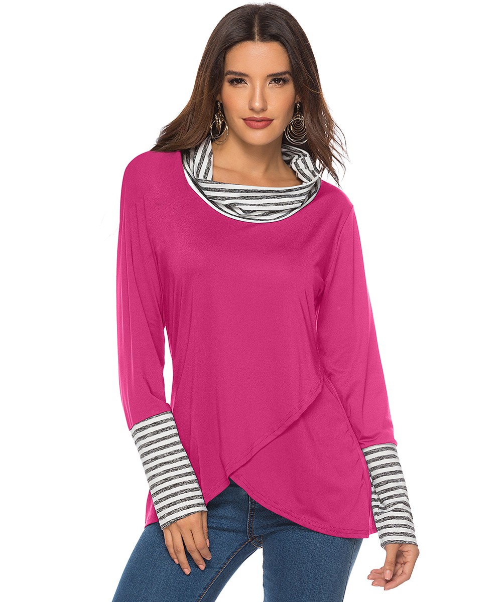 Pink long sleeve Paneled shirt with new style loose collar Long Sleeves T-Shirt