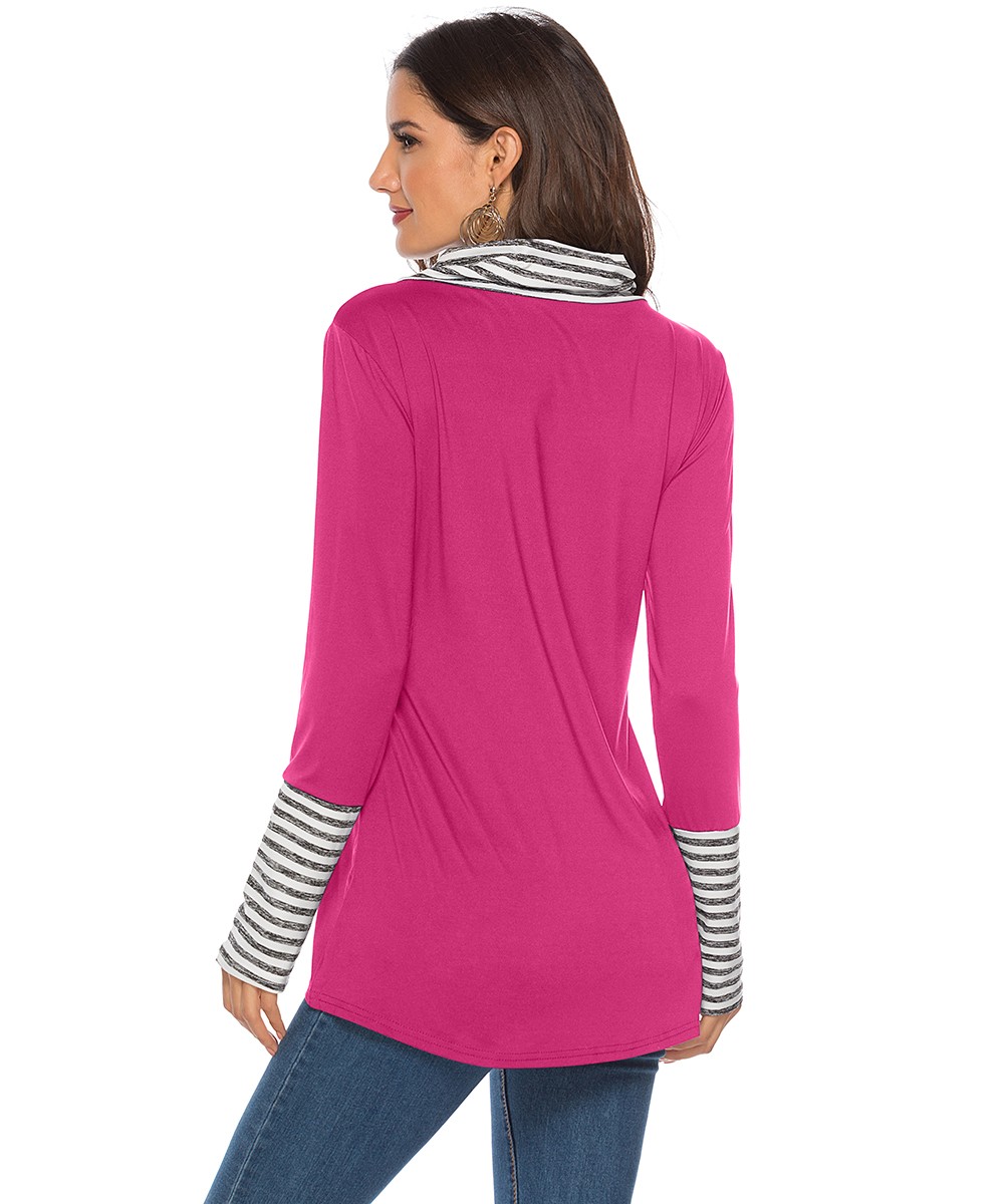 Women's T-Shirt Solid pink with stripped collar and Long Sleeves