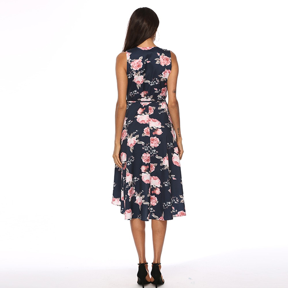 Women's V-neck Printed Sleeveless Midi Dress