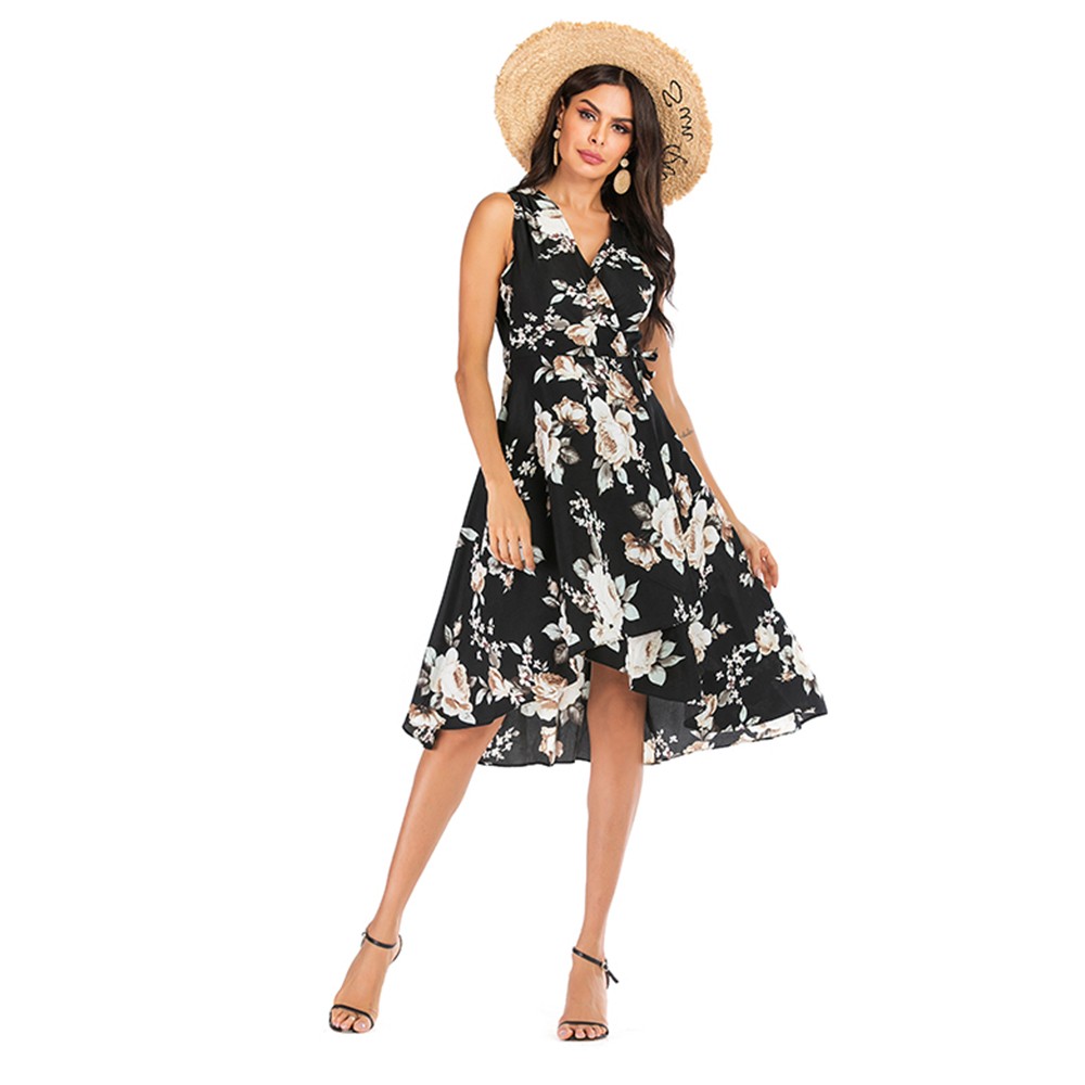 Women's V-neck Printed Sleeveless Midi Dress