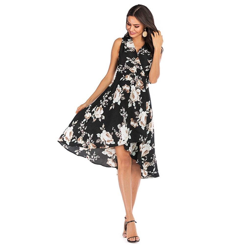 Women's V-neck Printed Sleeveless Midi Dress