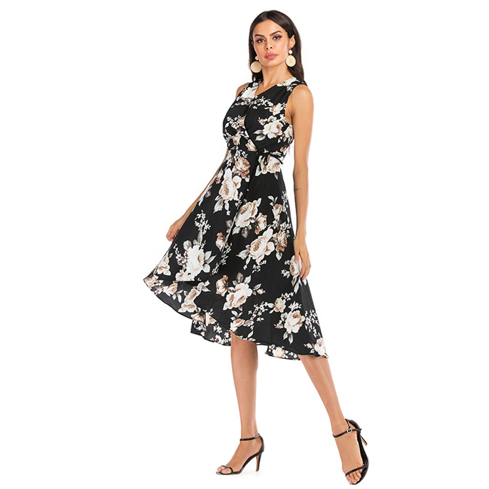 Women's V-neck Printed Sleeveless Midi Dress