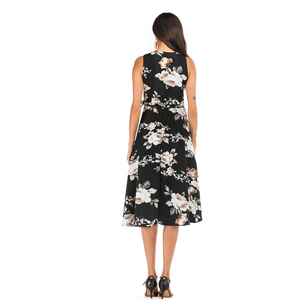 Women's V-neck Printed Sleeveless Midi Dress