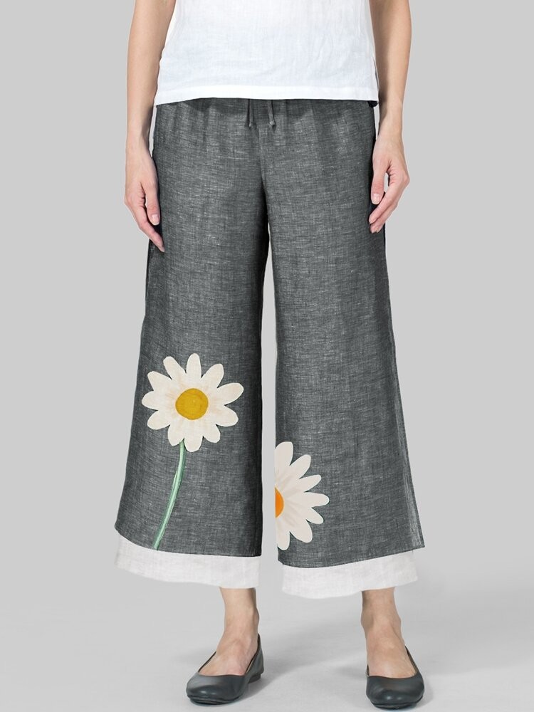 Women's Daisy Print Elastic Waist Wide Leg Pants Loose Nine Pants