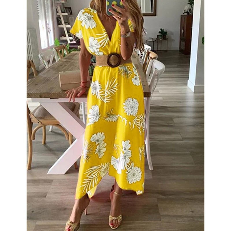 Ladies short-sleeved dress Yellow ladies print dress V-neck short-sleeved holiday dress