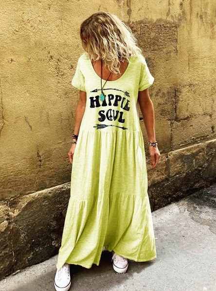 Women Ruffled Printed Casual Round Neck Dress Yellow