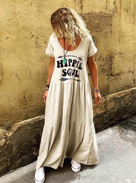 Women Ruffled Printed Casual Round Neck Dress appricot