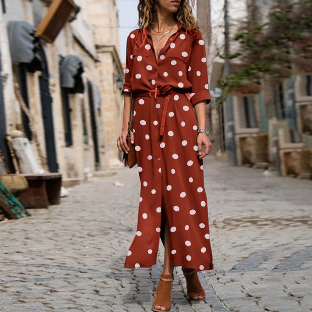 Women's Half-sleeve dress Polka Dot dress Red Casual Long Sleeve Single-breasted, Loose Collar Maxi Dress
