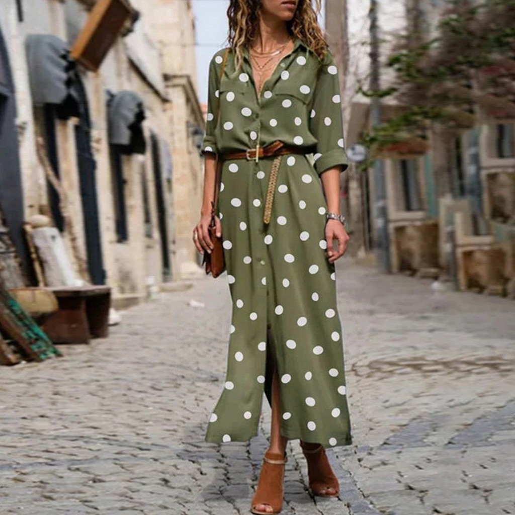 Women's Half-sleeve dress Polka Dot in Green Casual Long Sleeve Single-breasted, Loose Collar Maxi Dress