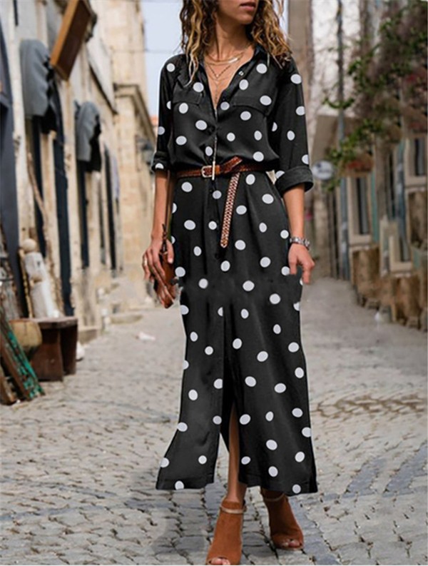Women's Half-sleeve dress Polka Dot in Black Casual Long Sleeve Single-breasted, Loose Collar Maxi Dress