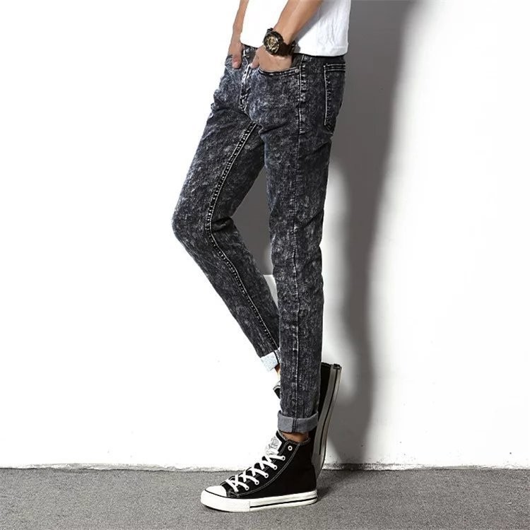 Men's denim jeans Black Acid washed men jeans slim fit