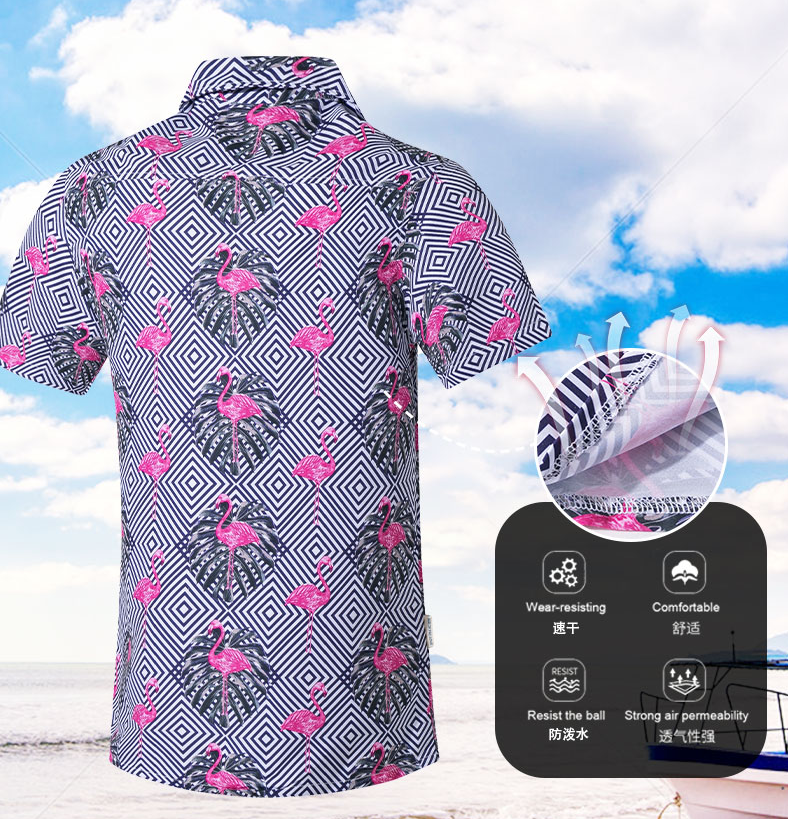 men's button shirt Beach shirt four side elastic printing short sleeve shirt men's surfing casual loose top 