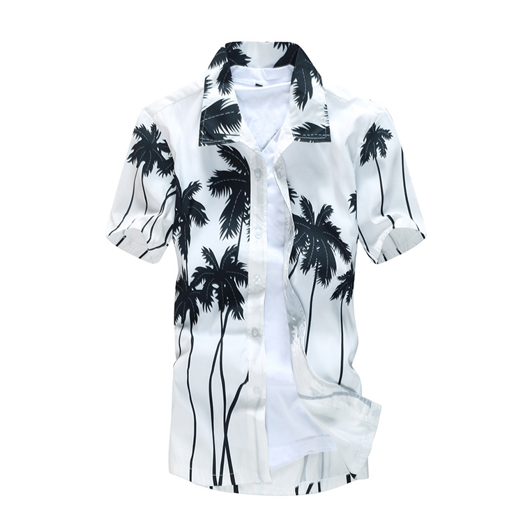 White and Black Men's button-up Hawaiian shirt with palm tree print