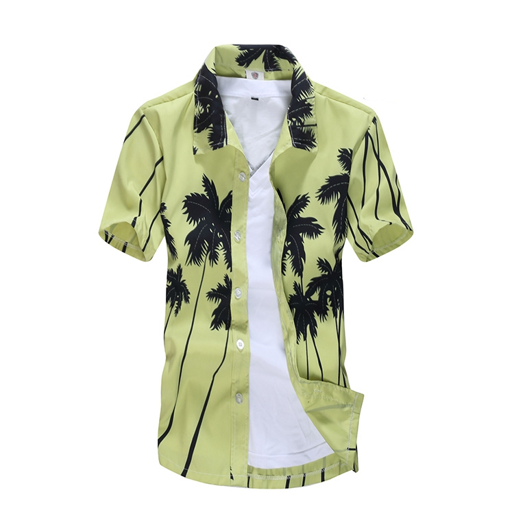 Men's Hawaiian shirt button-upLight green Hawaiian Shirt Short Sleeve Button-up palm tree print