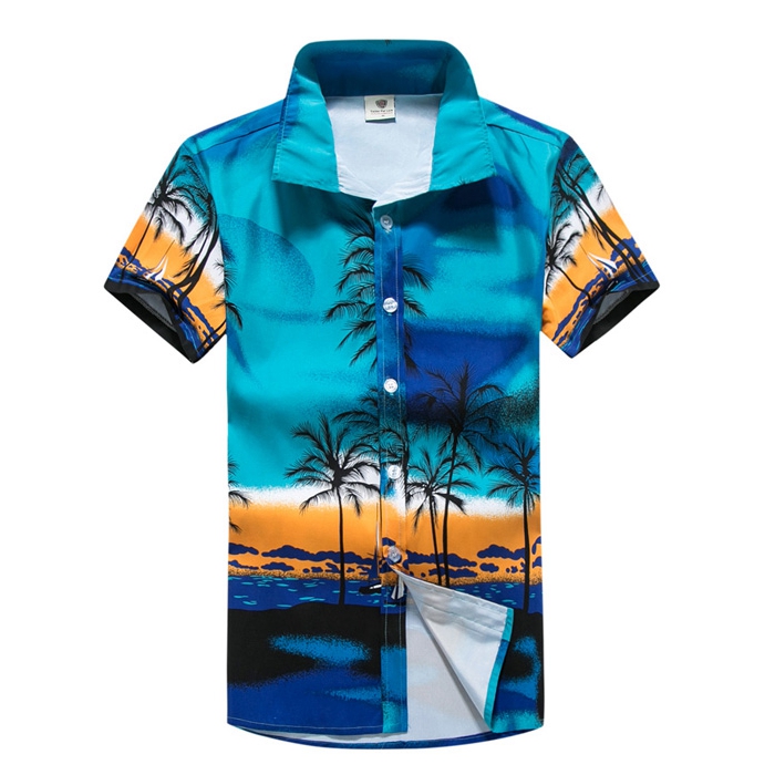 Men's Hawaiian shirt blue with palm tree beach printed Lapel shirt casual and loose