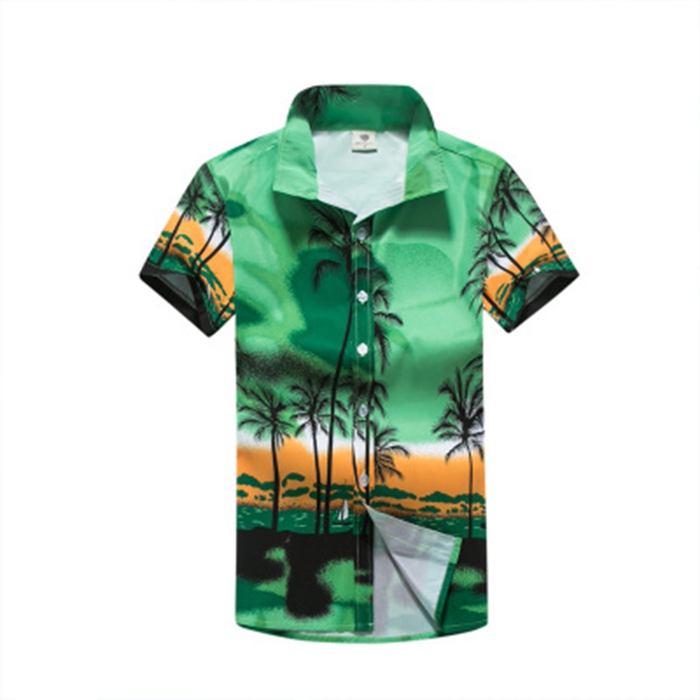 Men's Hawaiian shirt green with beach and palm tree printed Lapel shirt casual and loose