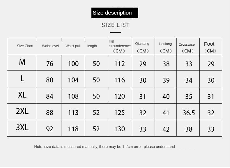 Size chart male swimming trunks