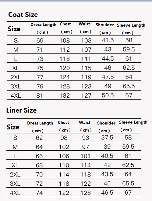 Women's 3 in 1 Coat and Liner Size  chart 