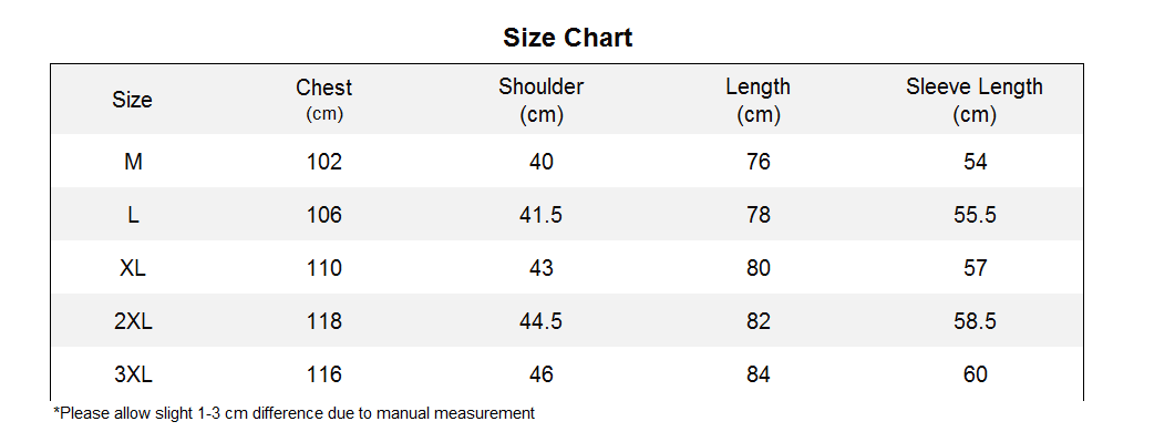 Women's 3 in 1 winter jacket Sizing Chart 