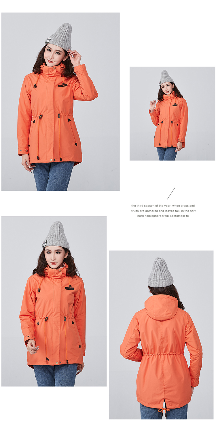 Women's 3 in 1 Orange Women's winter coat with removable hood with pockets and draw strings