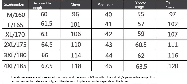 Women's camouflage Jacket size chart