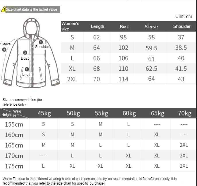 Women's Outdoor Sunscreen Waterproof Storm Suit Fitting size chart