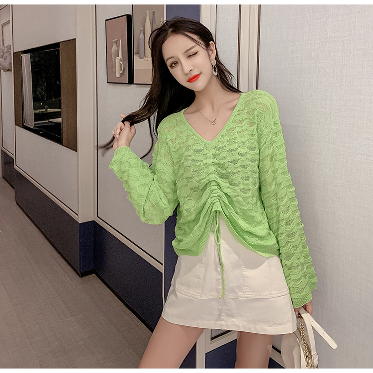 Women's knitted blouse long sleeve shirt with draw strings