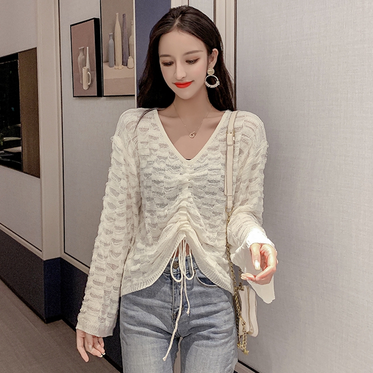 Women's knitted blouse beige long sleeve shirt with draw strings