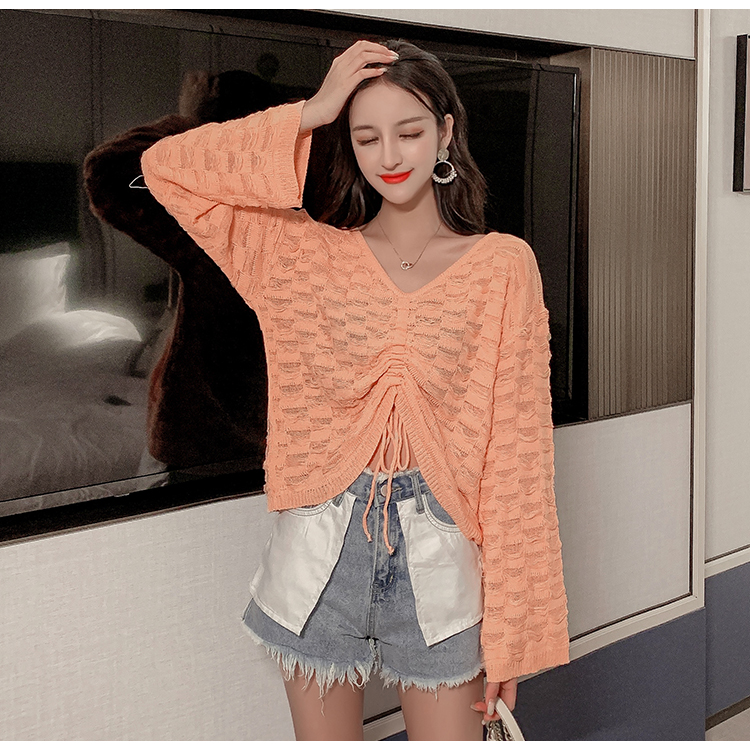 Women's knitted blouse orange V-Nekc long sleeve knitted shirt with draw strings