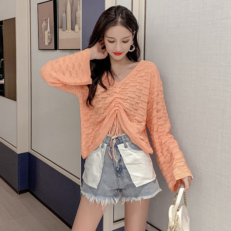 Women's knitted blouse orange long sleeve shirt with draw strings