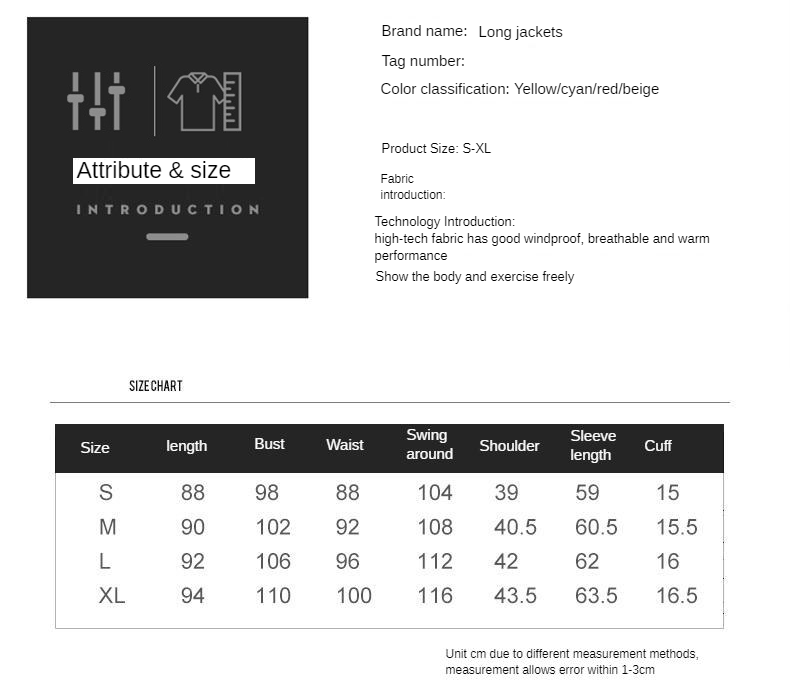 Women's Thin Windbreaker Size Chart for fitting