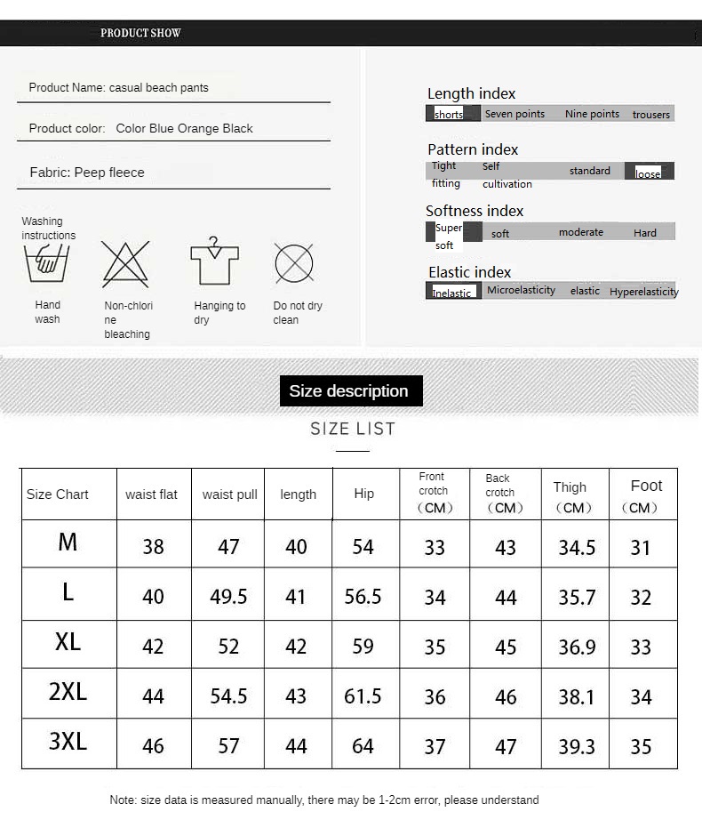 Care instructions and size chart for men's swim shorts