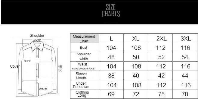 Quick Dry Hawaiian Shirt  size chart