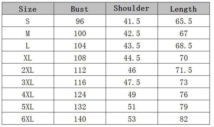 short sleeve t-shirt  Size chart