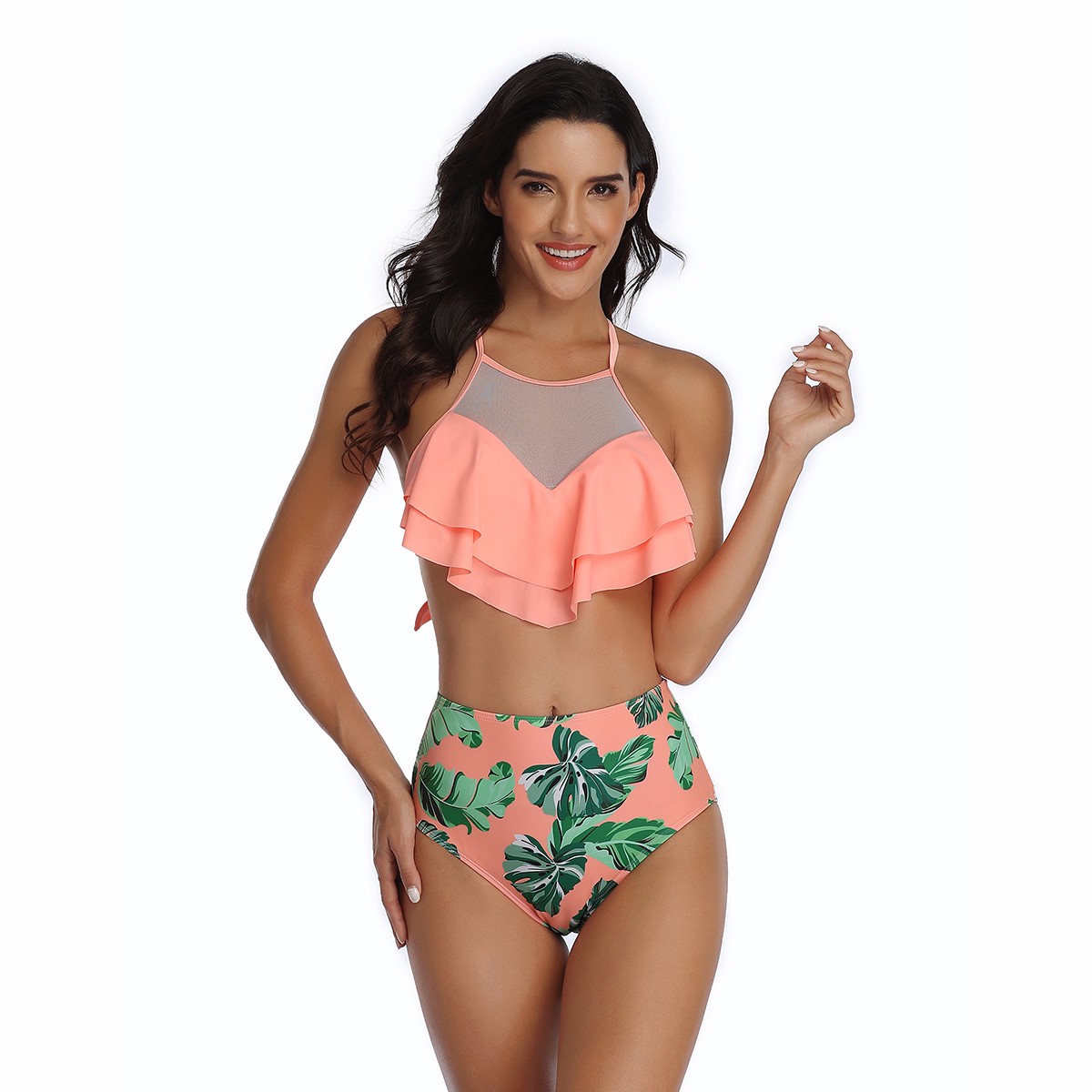 Women Retro Flounce High Waisted Bikini Halter Neck Two Piece Swimsuit
