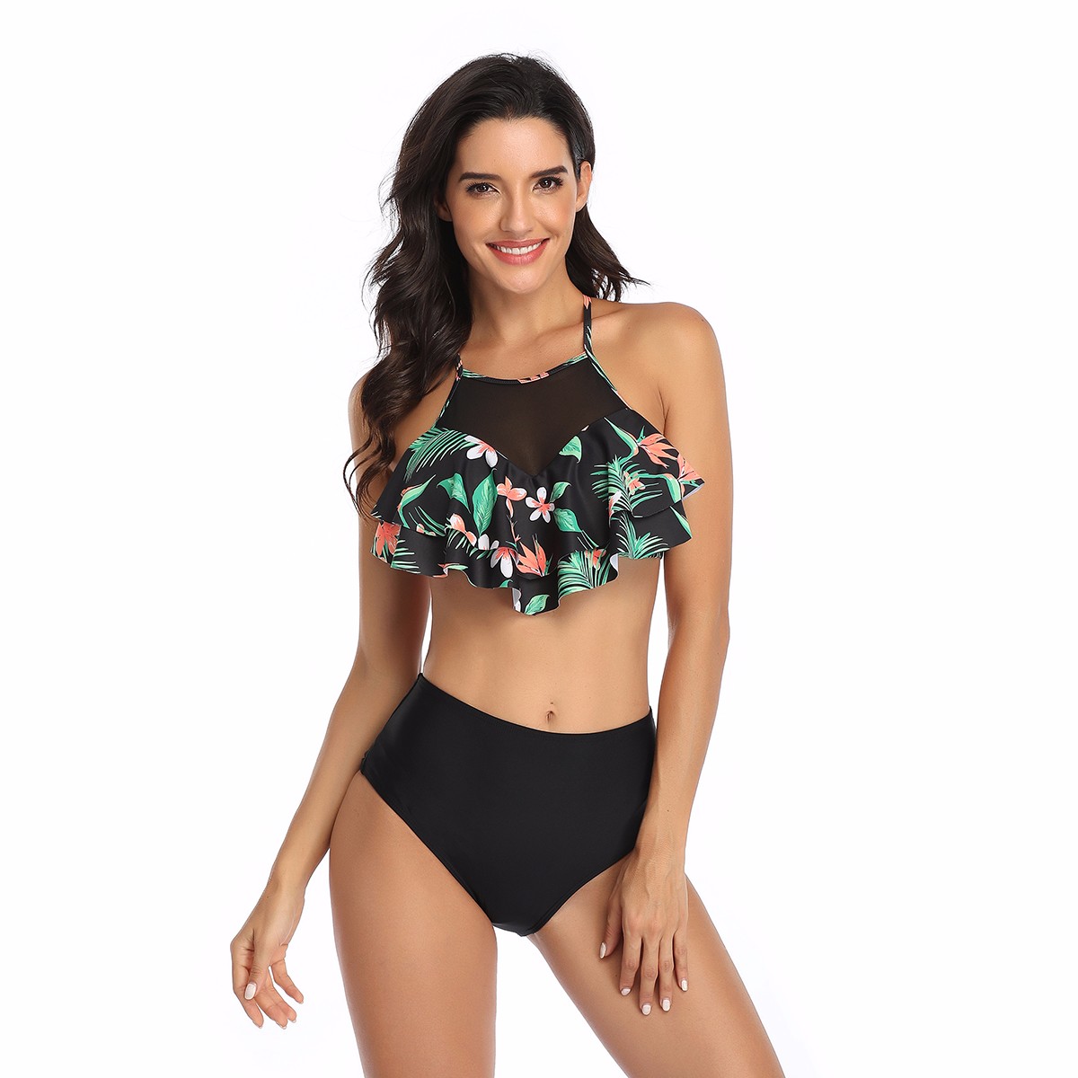 Women Retro Flounce High Waisted Bikini Halter Neck Two Piece Swimsuit