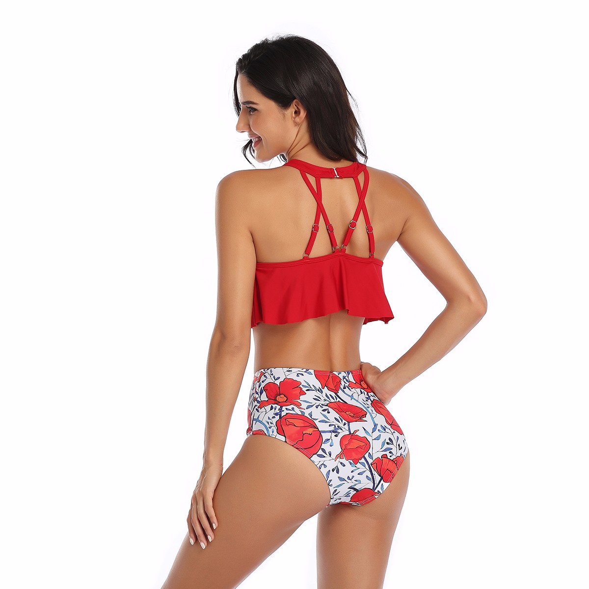 Women's Retro Swimsuit High Waisted Bikini two piece Flower print bottoms