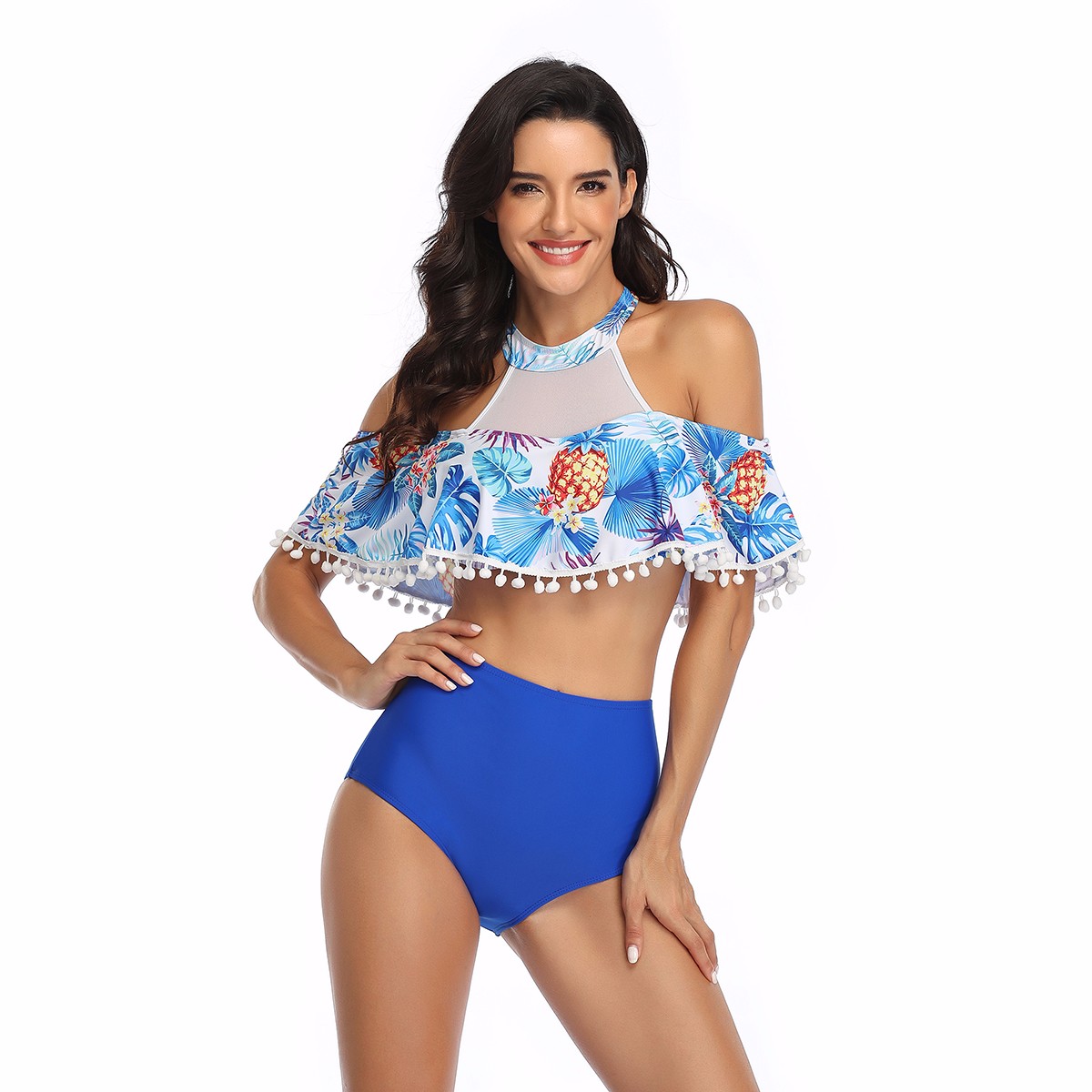 Women High Waisted Tassel Flounce Off Shoulder Swimsuit