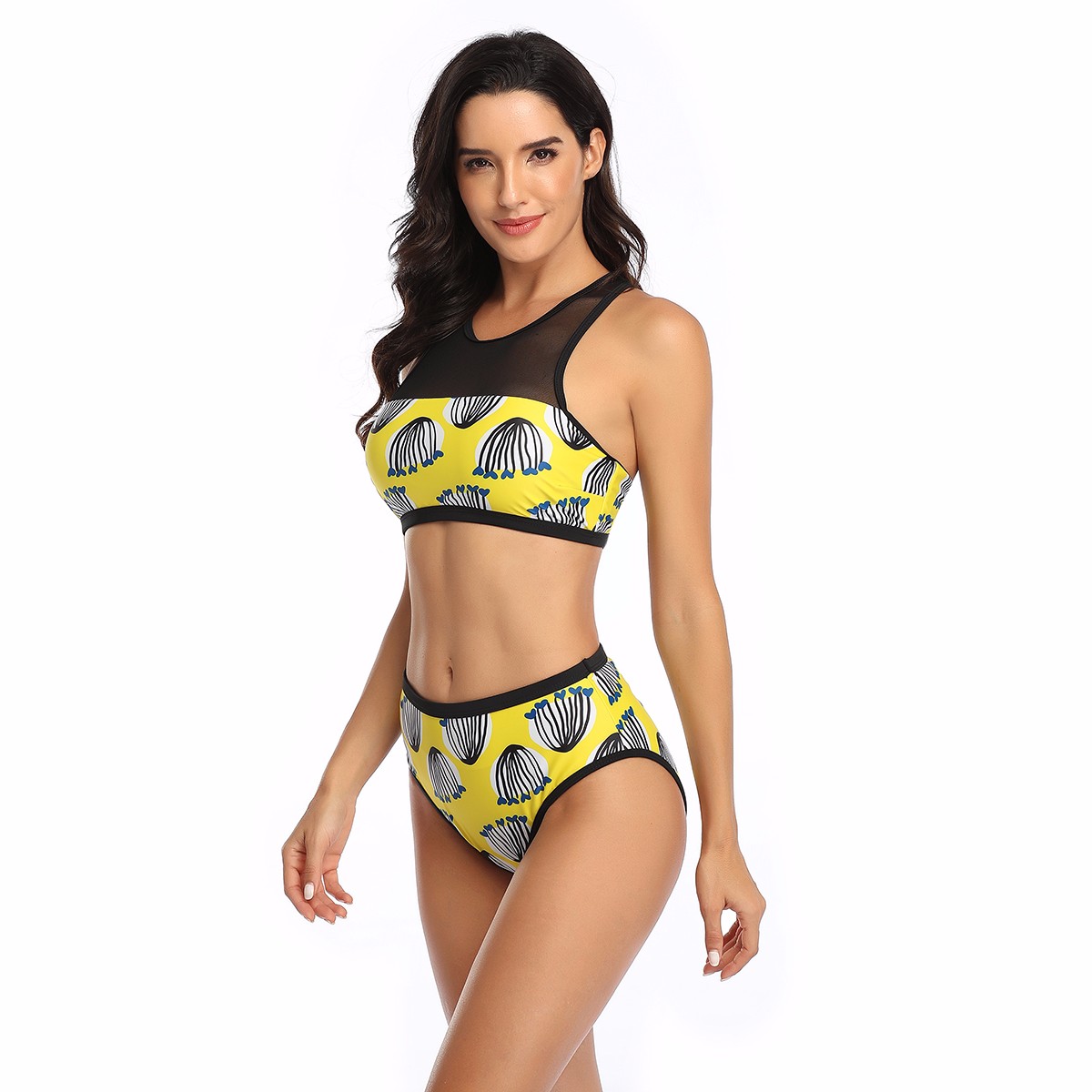 Yellow & blue hearts Women's Vintage Swimsuit Two Piece Retro Halter High Waist Bikini