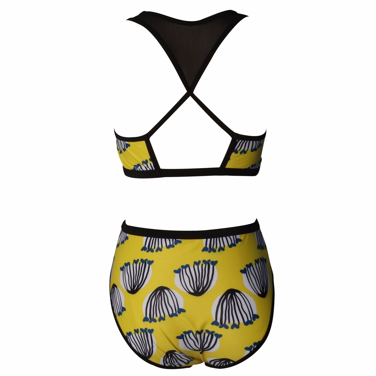 Yellow cross strapped back Women's Vintage Swimsuit Two Piece Retro Halter High Waist Bikini