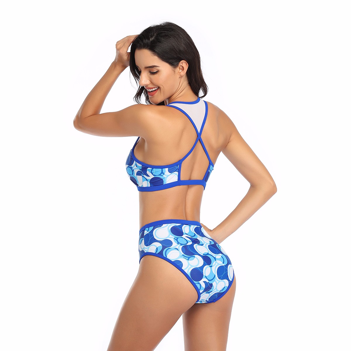 Blue & White bubbles Women's Vintage Swimsuit Two Piece Retro Halter High Waist Bikini