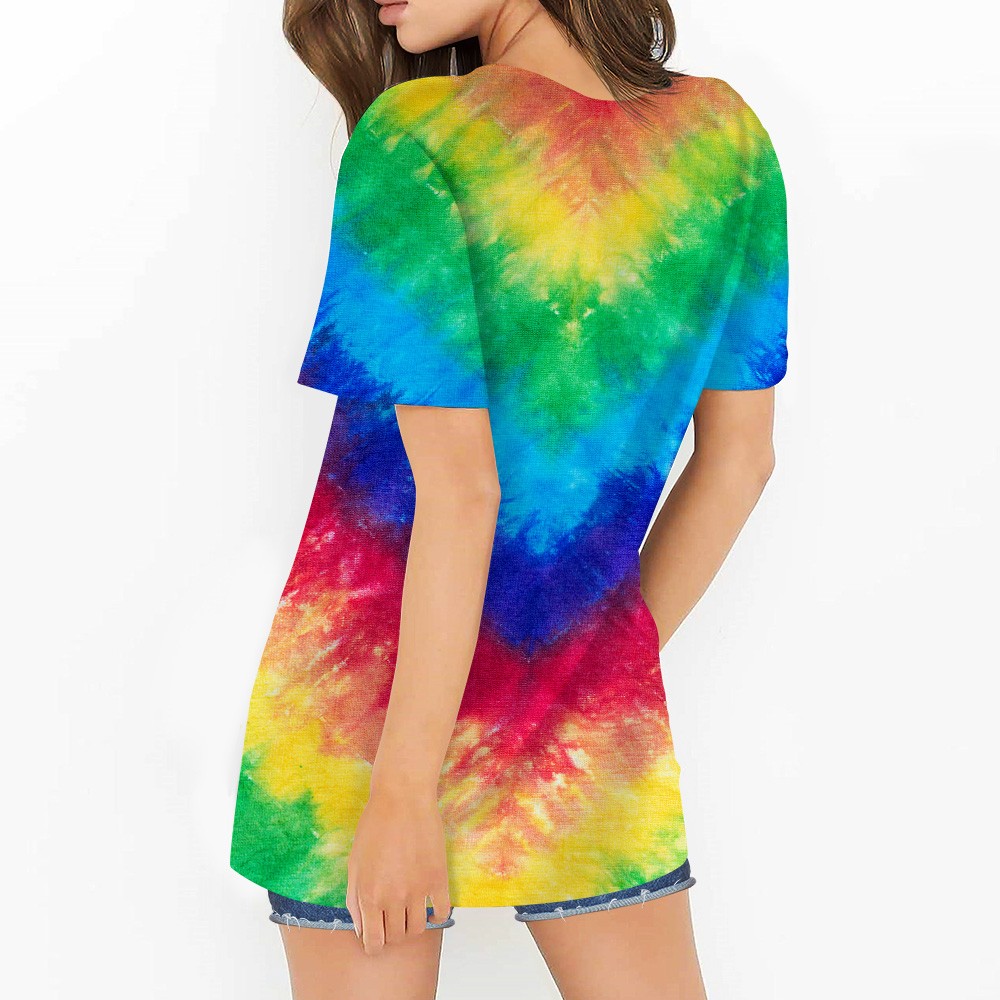 Women's Short-sleeved T-shirt  Round Neck Tie Dye Short-Sleeved Shirt  colorful solid back