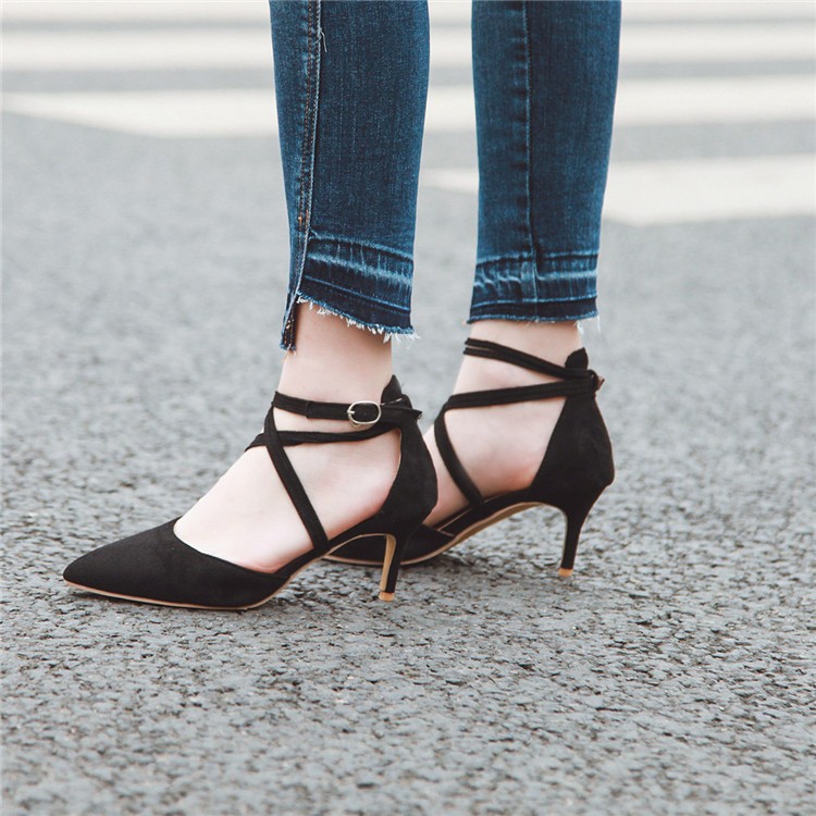 Women's stiletto Black Women's plus size solid color pointed toe stiletto sandals High heel shoe with round side buckle