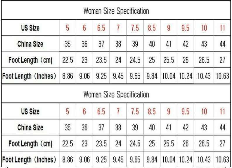 Women's High Heel boot size specification chart