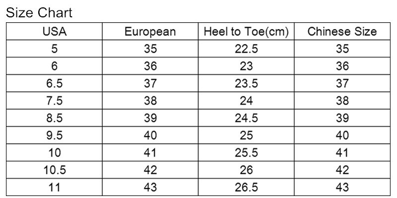 Women’s Slip-on Sneakers size chart